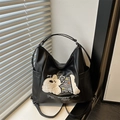 Mochila de cuero PU negro con lazo de cuadros vintage y bordado de cachorro lindo - Negro