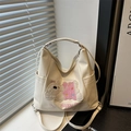 Mochila retro beige con bordado de cachorro de peluche y detalle de lazo a cuadros rosa - Blanco Roto
