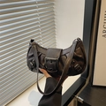 Vintage dark brown wrinkled leather underarm bag with decorative metal buckles - Brown