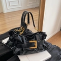 Fashionable black pleated leather tote bag with gold buckle and chain handle variant - Black