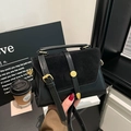 Retro black leather and suede crossbody bag with vintage gold hardware and flap buckle - Black