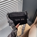 Black corduroy tote bag featuring TOTE BAG embroidery and a stylish geometric wide strap - Black