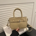 Fashionable beige faux leather square handbag with stylish metal buckle and crossbody strap - Khaki