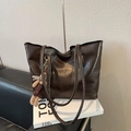 Deep brown oversized faux leather tote bag with a cute bear charm and vintage finish - With Pendant / Brown