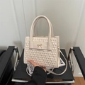 Creamy white crossbody bag with rhombus embossed pattern and golden bow decoration - White