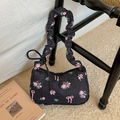 Sac bandoulière plissé noir chic avec motifs fleurs roses et nœuds pour femmes - Noir
