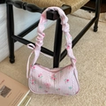 Sac sous le bras rose à fleurs en seersucker avec motifs roses et bandoulière ruban - Rose