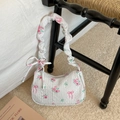 Sac à main blanc à fleurs avec motifs de roses roses, anses plissées et nœuds - Blanc