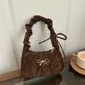Brown pleated shoulder bag with gold metal bow and ruched strap for commuting - Brown