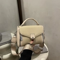 Beige and khaki patchwork crossbody bag with wide logo strap and silver square lock - Khaki