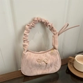 Pink pleated underarm bag with gold bow ornament and scrunchie strap for women - Pink