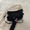 Minimalist black PU leather tote bag with functional side pocket and fashion tag - Black