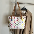 Colorful Monogram Tote Bag with white base and brown leather straps for daily commute - White