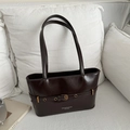 Retro dark brown oil wax leather tote bag with gold buckle and large capacity - Dark Brown