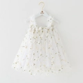 Close-up of white mesh princess dress featuring delicate floral embroidery and ruffled straps - White with Flower