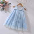 Détail de robe en tulle bleu clair brodée de marguerites avec bretelles à volants sur cintre - 80cm / Bleu clair