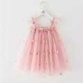Detail of pink girls tulle dress featuring 3D purple butterfly appliques and ruffled straps - Lotus Pink Butterfly