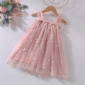 Détail de robe rose pour fille avec broderie marguerite et volants en tulle multicouche - 80cm / Vieux rose