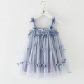 Detail of light blue tulle girl's dress with delicate 3D butterfly embroidery and ruffles - Gray Blue