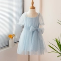 Close-up of light blue tulle girl dress with white polka dots and a large bow detail - S / Sky Blue