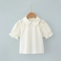 Detail of girls' white summer shirt featuring a Peter Pan collar and puff sleeves - XS (Fits Height 90cm) / White