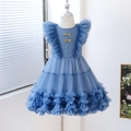 Dettaglio dell'abito da principessa blu con fiocchi dorati e tulle scintillante a strati - 90cm / Blu