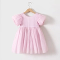Detail eines rosa Sommerkleides für Mädchen mit Puffärmeln und mehrlagigem Netzrock - Rosa-Lila / 90cm