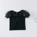 Girls black short sleeve top with sheer mesh puff sleeves and colorful dot accents - L (120cm) / Mesh Bubble Sleeve T-Shirt / Black (Polka Dot Mesh Sleeve)