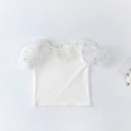 White puff sleeve girl shirt with colorful sequin polka dots and mesh ruffle neck - XL (130cm) / Mesh Bubble Sleeve T-Shirt / White (Polka Dot Mesh Sleeve)