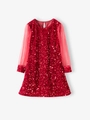 Elegante vestido de princesa rojo con lentejuelas y manga larga para niñas pequeñas - 90cm / Rojo
