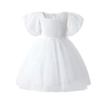 Robe de princesse blanche pour fille avec col carré, manches bouffantes et jupe en tulle - 90cm / Blanc