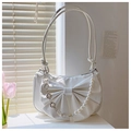Sac à épaule en cuir blanc avec grand nœud et chaîne décorative à fleurs argentées - Blanc
