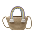 Mini handtas van katoenen touw met regenbooghandvat, witte kwastjes en schouderband - Regenboog Handvat - Khaki