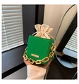 Close-up of green woven bucket bag with gold chain handle and drawstring pouch - Green