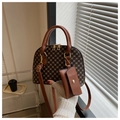 Detail view of a vintage monogram dome handbag with a small detachable charm bag - Brown