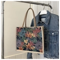 Borsa tote in lino con motivi floreali jacquard e manici marroni stile vintage - Stile 4