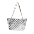 Silver quilted tote bag with diamond stitching and metallic chain strap in minimalist style - Silver