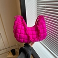 Bright pink quilted puffer hobo bag with trendy ruffle trim and glossy nylon finish - Rose Red