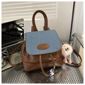 Brown faux leather and blue denim backpack with plush eye charm for casual wear - Brown with Pendant