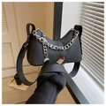 Close-up of black matte leather underarm bag with thick silver chain and round charm - Black