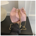 Pink corduroy bucket bag with gold chain strap and pearl drawstring charms for women - Pink