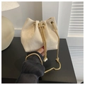 Fashion beige corduroy bucket bag with gold chain strap and pearl drawstring detail - Khaki