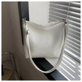 Minimalist white litchi pattern leather bucket bag with silver hardware and adjustable strap - White