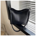 Classic black lychee texture leather bucket bag with adjustable crossbody shoulder strap - Black