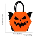 Detailed size chart of a Halloween felt pumpkin bag with bat wings and dimensions - Demon Wing Style