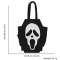 Detail view of Scream Ghostface felt Halloween candy bag with size and weight metrics - Scary Skull Style