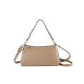 Fashionable light brown pebble leather shoulder bag with silver chain and top zipper closure - Khaki