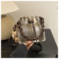 Grey-brown plaid faux shearling bucket bag with drawstring and cute bear charm - Gray With Pendant