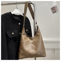 Minimalist khaki brown PU leather hobo bucket bag with vintage shoulder strap design - Khaki