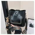 Black leather bucket bag with ethnic embroidery strap and cute rabbit pendant - Black With Rabbit Pendant